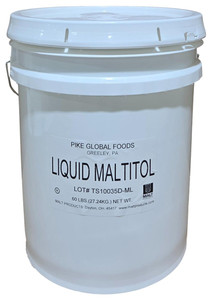 Front of Malt Products maltitol syrup pail, 60 lb size, showing the label on a white bucket of clear liquid maltitol for sugar free chocolate and candy.