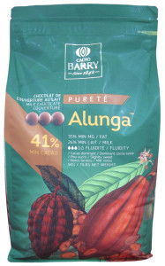 Front of Cacao Barry Alunga milk chocolate pistoles bag, 11 lbs, showing the label with the 41% cocoa recipe and French branding.