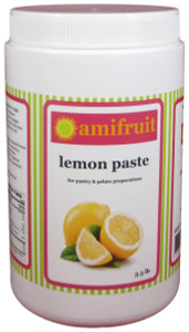 Front of Amifruit lemon gelato flavoring paste jar, 3.3 lb size, displaying the yellow label with lemon illustration and Amifruit branding.