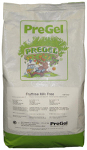 Front of PreGel Fruttosa Milk Free sorbet base bag, 4.4 lb size, showing the product label and dairy-free branding.