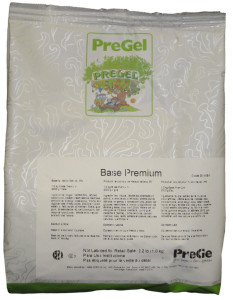 Front of PreGel Base Premium gelato base bag, 2.2 lb size, showing the product label and cold-process mixing branding.