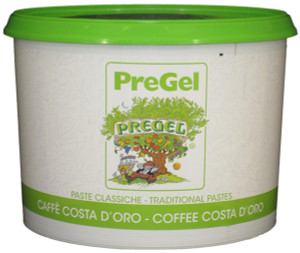 Front of PreGel Caffe Costa d'Oro espresso gelato flavoring paste bucket, 6.6 lb size, showing the brown product label and Italian branding.