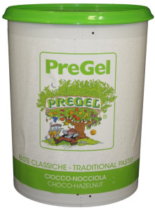 Front of PreGel Choco-Hazelnut gelato flavoring paste bucket, 13.2 lb size, showing the brown product label and Italian branding.