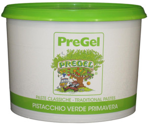 Front of PreGel Pistacchio Verde Primavera pistachio gelato flavoring paste bucket, 6.6 lb size, showing the green product label and Italian branding.