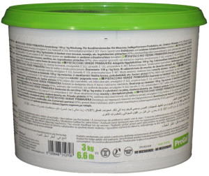 Side panel of PreGel Pistacchio Verde Primavera pistachio gelato flavoring paste bucket, showing the ingredient list, nutrition information, and usage notes.