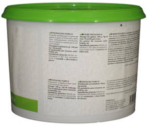 Side panel of PreGel Pistachio Puro pure pistachio gelato flavoring paste bucket, showing the ingredient list, nutrition information, and usage notes.