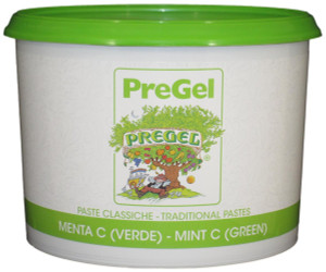 Front of PreGel Green Mint flavoring paste bucket, 6.6 lb size, showing the green product label and Italian branding.