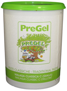 Front of PreGel Malaga rum raisin flavoring paste bucket, 13.2 lb size, showing the product label and Italian branding.