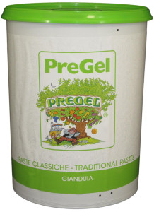 Front of PreGel Gianduia dark chocolate hazelnut flavoring paste bucket, 13.2 lb size, showing the brown product label and Italian branding.