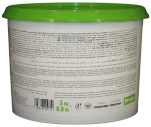 Side panel of PreGel Banana Fortefrutto gelato flavoring paste bucket, showing the ingredient list, nutrition information, and usage notes.