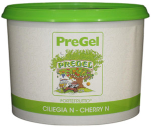 Front of PreGel Cherry Fortefrutto gelato flavoring paste bucket, 6.6 lb size, showing the red product label and Italian branding.