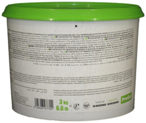 Side panel of PreGel Alphonso Mango Fortefrutto gelato flavoring paste bucket, showing the ingredient list, nutrition information, and usage notes.