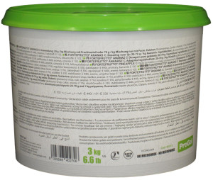 Side panel of PreGel Pineapple Fortefrutto gelato flavoring paste bucket, showing the ingredient list, nutrition information, and usage notes.