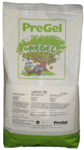 Front of PreGel Lemon 50 flavoring powder bag, 4.4 lb size, showing the yellow product label and lemon sorbetto base branding.