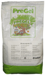 Front of PreGel Mascarpone 30 flavoring powder bag, 4.4 lb size, showing the green and white product label and Italian cream cheese flavor branding.