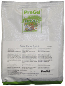 Front of PreGel Butter Pecan Sprint complete gelato mix bag, 2 lb size, showing the off-white product label and PreGel branding.