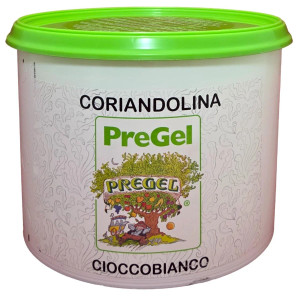 Front of PreGel Coriandolina white chocolate hard shell coating bucket, 6.6 lb size, displaying the product label with the ivory white chocolate flavor and Italian branding.