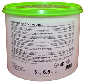 Back of PreGel Coriandolina white chocolate hard shell coating bucket, 6.6 lb size, showing the ingredient panel, nutrition information, and usage instructions in multiple languages.
