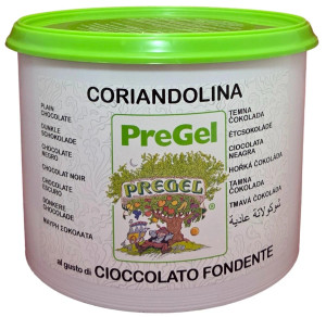 Front of PreGel Coriandolina chocolate hard shell coating bucket, 6.6 lb size, displaying the product label with the dark brown chocolate flavor and Italian branding.
