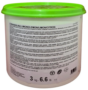 Back of PreGel Coriandolina Limone lemon hard shell coating bucket, 6.6 lb size, showing the ingredient panel, nutrition information, and usage instructions in multiple languages.