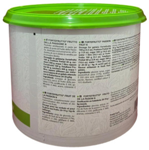 Side panel of PreGel Passion Fruit Fortefrutto gelato flavoring paste bucket, showing the ingredient list, nutrition information, and usage notes.