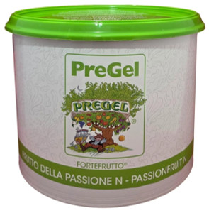 Front of PreGel Passion Fruit Fortefrutto gelato flavoring paste bucket, 6.6 lb size, showing the yellow-orange product label and Italian branding.