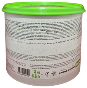 Side panel of PreGel Bubble Gum gelato flavoring paste bucket, showing the ingredient list and nutrition information in multiple languages.