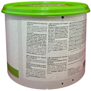 Side panel of PreGel Forest Berries Fortefrutto gelato flavoring paste bucket, showing the ingredient list, allergen information, and product details.