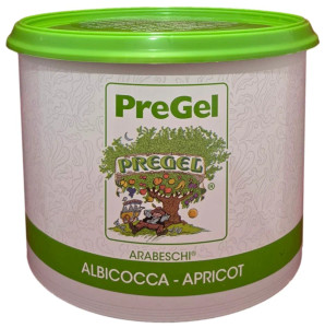 Front of PreGel Apricot Arabeschi bucket, 6.6 lb size, showing the product label and Italian branding.