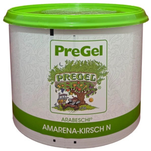 Front of PreGel Amarena Cherry Pieces in Kirsch Arabeschi bucket, 6.6 lb size, showing the product label and Italian branding.