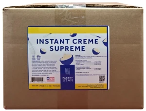 Front of Pastry Star Instant Creme Supreme pastry cream mix box, 9.75 lb case, with the blue and yellow front label and whisk artwork.