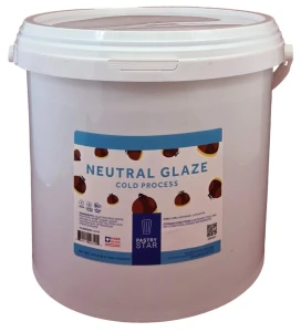 Front of Pastry Star Neutral Glaze cold process pail, 20 lb size, showing the blue and white label with glazed fruit imagery.