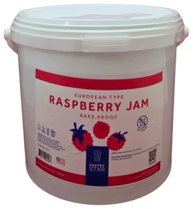 Front of Pastry Star seedless raspberry jam pail, 20 lb size, showing the red bake proof label and raspberry graphics.