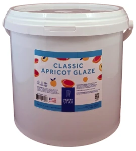 Front of Pastry Star Classic Apricot Glaze pail, 20 lb size, showing the product label and translucent orange apricot glaze.