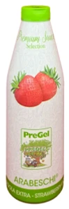 Front of PreGel Arabeschi Strawberry Extra dessert topping bottle, 2.2 lb size, showing the label and the deep red fruit paste.