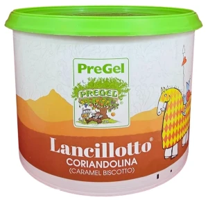 Front of PreGel Coriandolina Lancillotto caramel biscotto hard shell coating bucket, 6.6 lb size, showing the product label and Italian branding.
