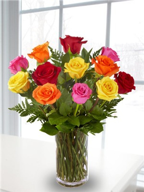 Dozen Mixed Roses Vased