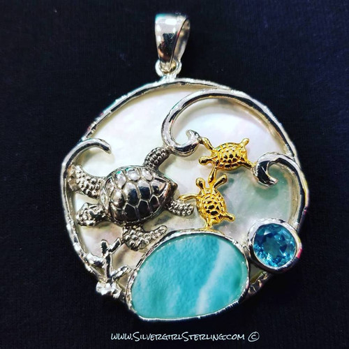 Sea Turtle Larimar Pendant on a White Mother of Pearl Shell