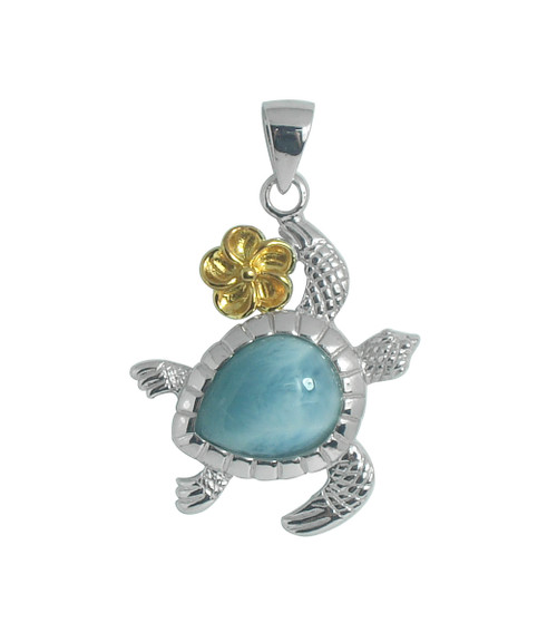 Larimar and Gold Plumeria Sea Turtle Pendant | Sterling SIlver Jewelry