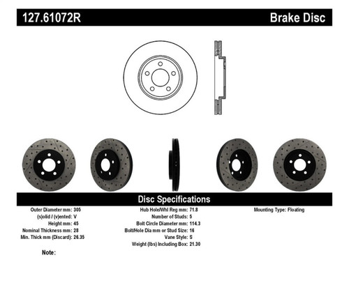 StopTech 03-09 Lincoln Town Car / 03-09 Mercury Grand Marquis Front Right Slotted & Drilled Rotor