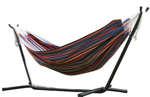 Vivere Polyester Rope Double Hammock with 9 ft. Stand - Techno Vivere Polyester Rope Double Hammock with 9 ft. Stand - Techno