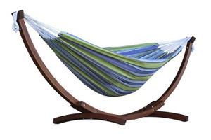 Vivere Brazilian Style Double Hammock with Pine Arc Stand - Oasis Vivere Brazilian Style Double Hammock with Pine Arc Stand - Oasis