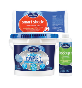 BioGuard Kit - 25 lbs SilkGuard Complete Tabs - 12 lbs Smart Shock - 2 Back-Up 2 Algaecide BioGuard Kit - 25 lbs SilkGuard Complete Tabs - 12 lbs Smart Shock - 2 Back-Up 2 Algaecide