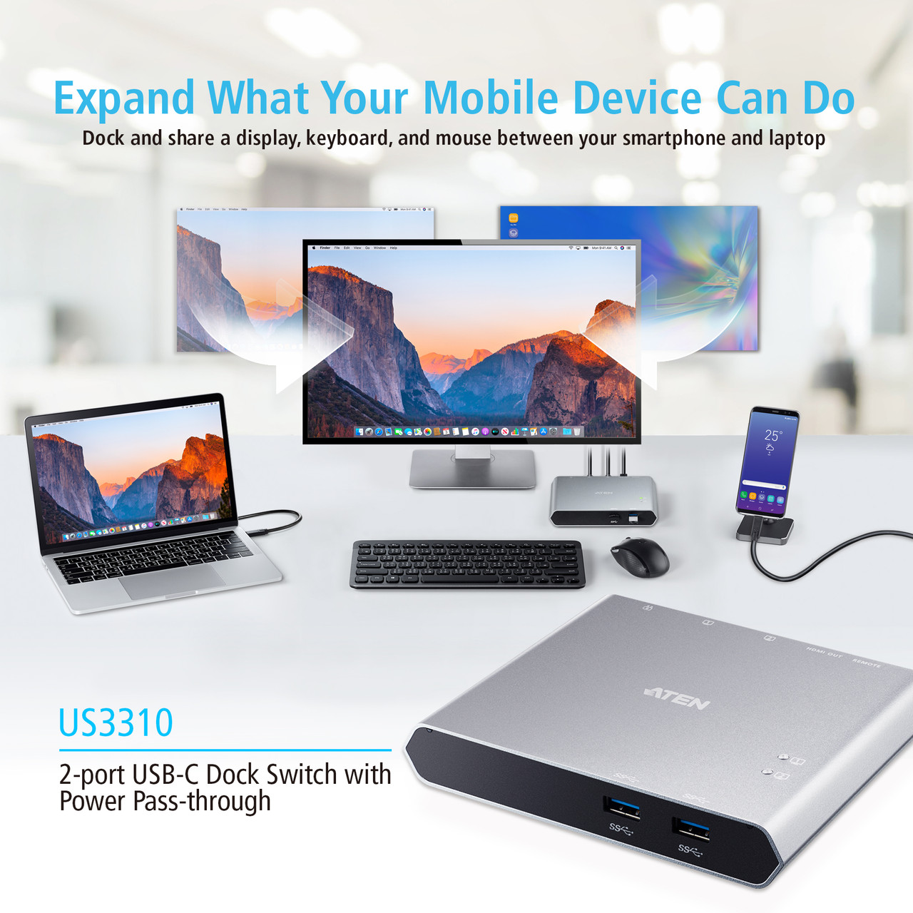 2-Port USB-C Gen 2 Sharing Switch with Power Pass-through - US3342