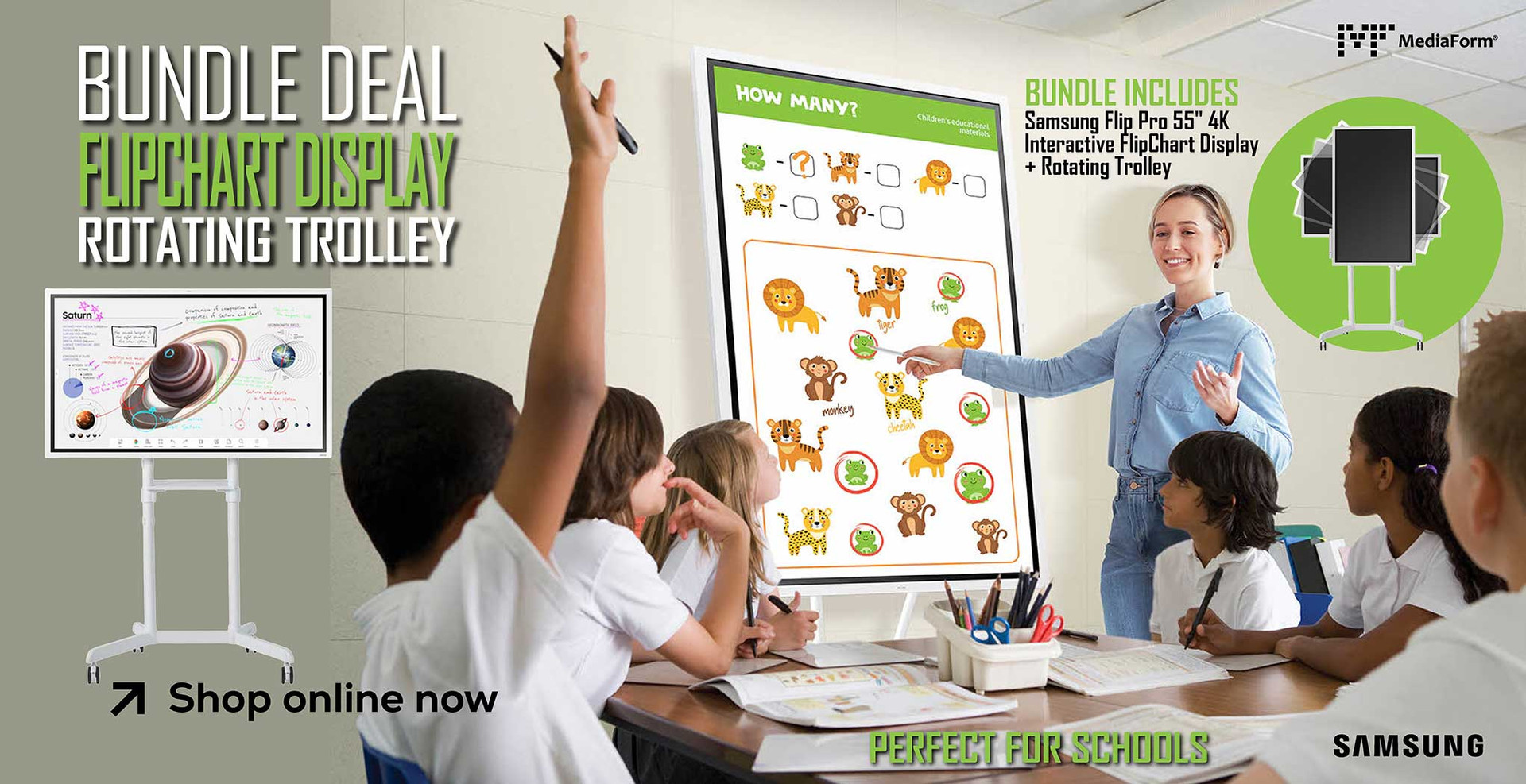 Bundle Deal: Samsung Flip Display + Rotating Trolley (Perfect for Schools)