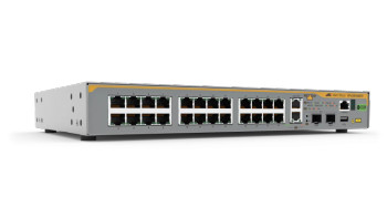 24-port 10/100/1000T stackable switch with 2x 1/2.5/5/10 Gigabit copper uplinks, 2x SFP/SFP+ slots, and one fixed power supply AU Power Cord.