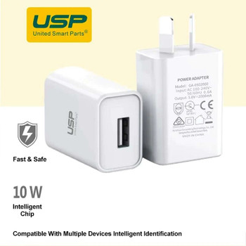 USP 10W USB-A Fast Wall Charger - White, Intelligent Chip, Smart Charging, Output Voltage DC5V/3A, Output Current 2A max, 5 Years Warranty