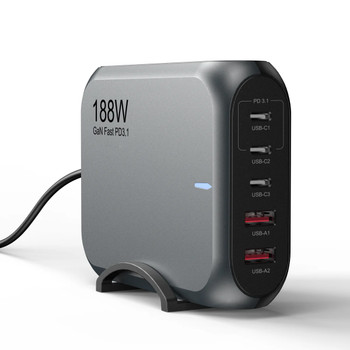 USP 188W GaN 5 Ports USB-C PD Laptop Wall Charger Black - 3x USB-C, 2x USB-A, Efficiently, High Quality, Tablet, Laptop, iPhone, 5 Years Warranty
