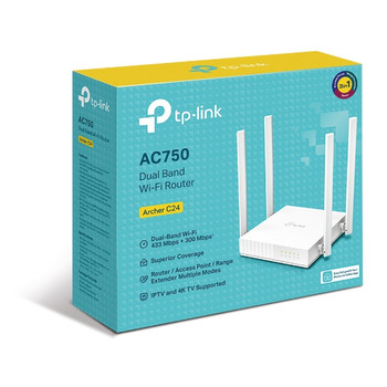 (E)TP-Link Archer C24 AC750 Dual-Band Wi-Fi Router 2.4GHz 300Mbps 5GHz 433Mbps 4xLAN 1xWAN 4xAntennas, WPS, Router Access Point and Range Extender
