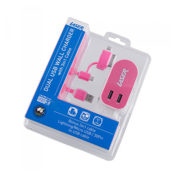 AC Wall Charger Twin USB   2 x 2.4A Output with 3 in 1 Cable PINK